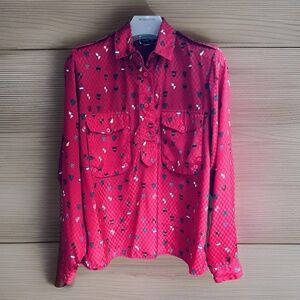 Rare Vintage Como Diffusion Polo Blouse Red  Textured Plaid Heraldic Design Sz M